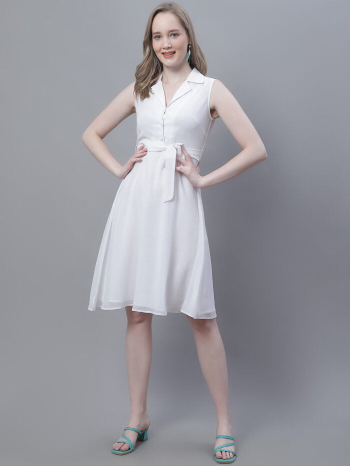 Women's White Solid Color Shirt Collar Sleeveless Midi Dress