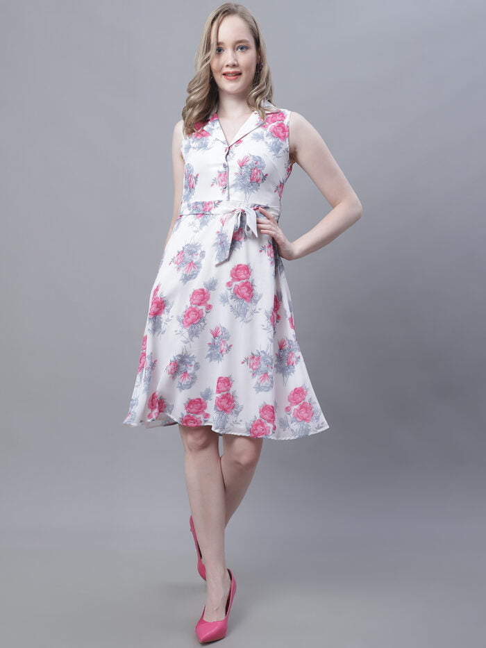 Women's White Printed Shirt Collar Sleeveless Midi Dress