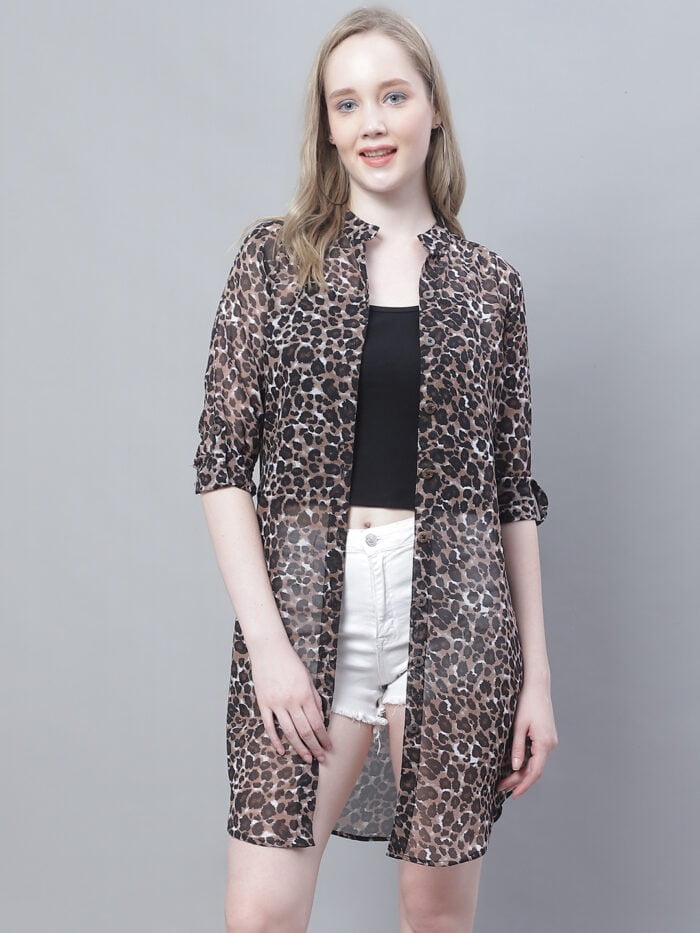 Women's Animal Printed Mandrian Collar Longline Shirt