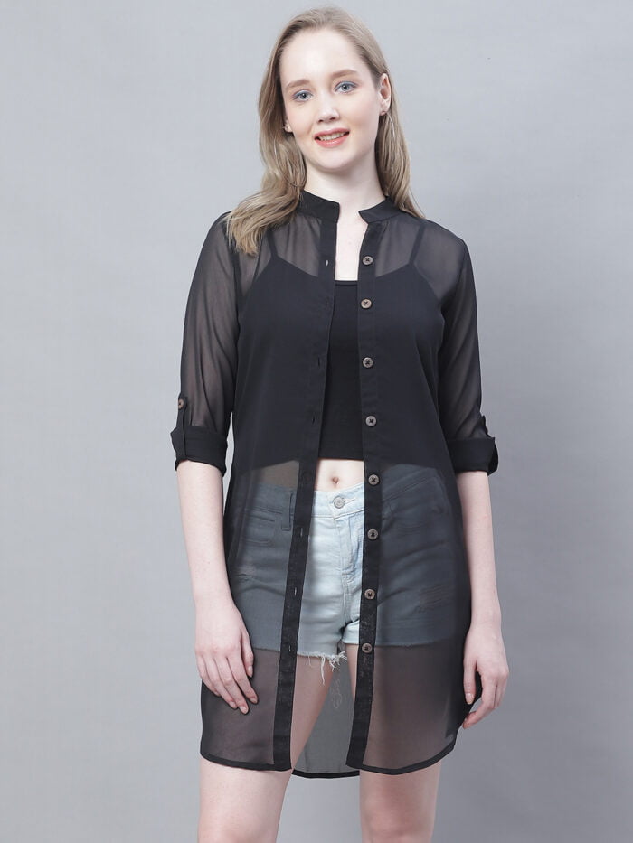 Women's Black Solid Color Mandrian Collar Longline Shirt