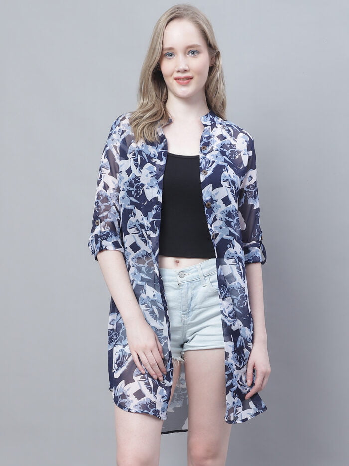 Women's Navy Rose Printed Mandrian Collar Longline Shirt