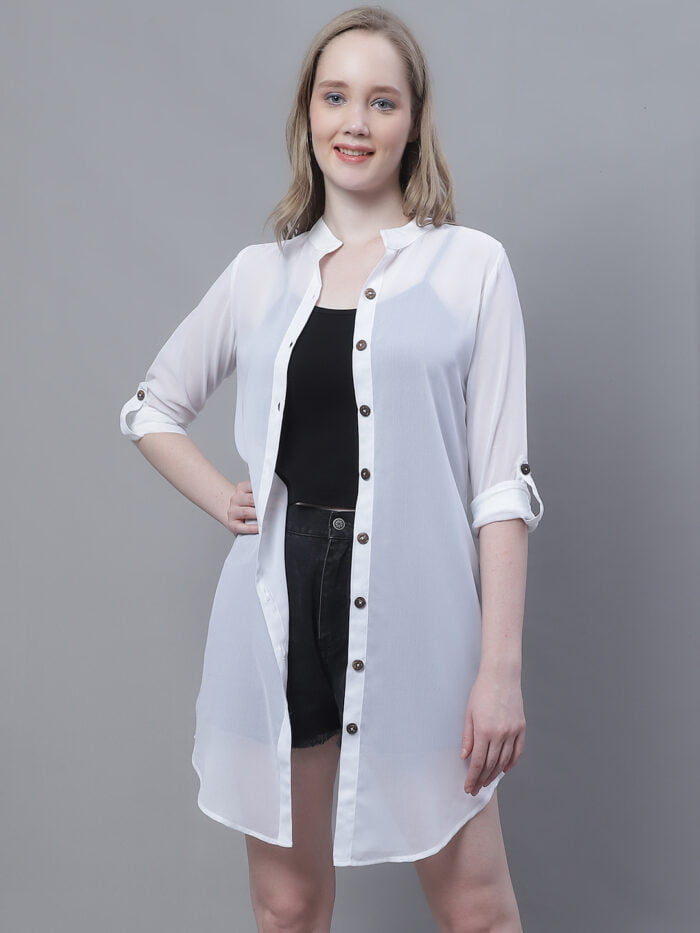 Women's White Solid Color Mandrian Collar Longline Shirt