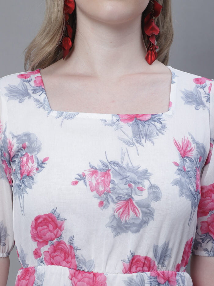 Women's White Floral Printed Square Neck Tiered Midi Dress