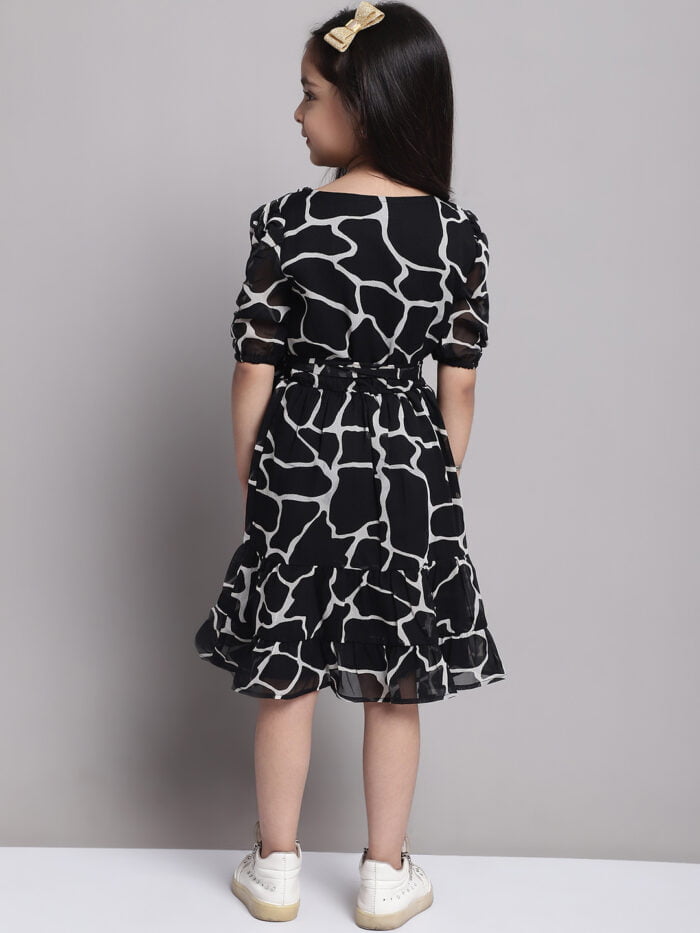 Girls Black & White Checked Printed Puff Sleeves Tiered Dress