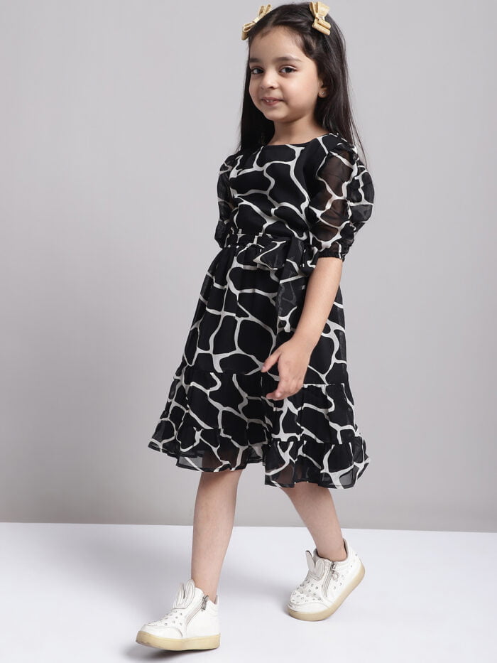 Girls Black & White Checked Printed Puff Sleeves Tiered Dress