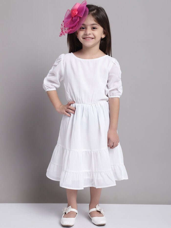 Girls White Solid Color Georgette Puff Sleeves Tiered Dress