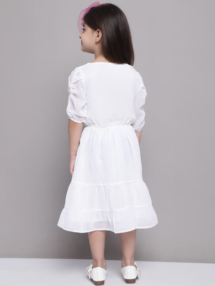Girls White Solid Color Georgette Puff Sleeves Tiered Dress