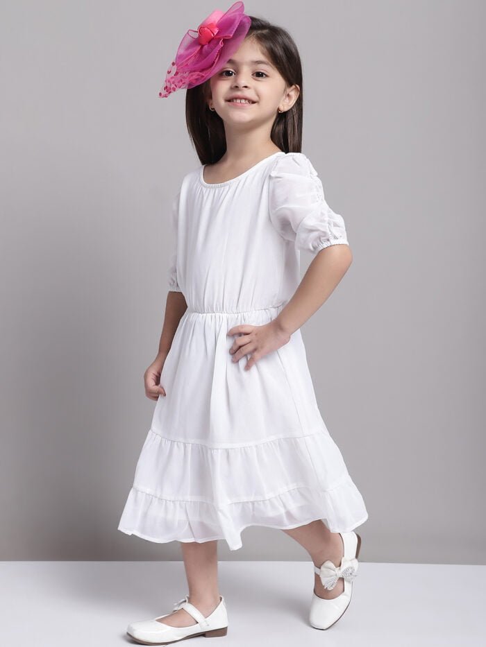Girls White Solid Color Georgette Puff Sleeves Tiered Dress