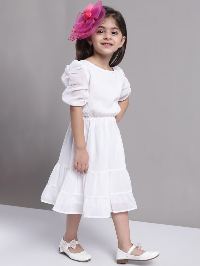 Girls White Solid Color Georgette Puff Sleeves Tiered Dress