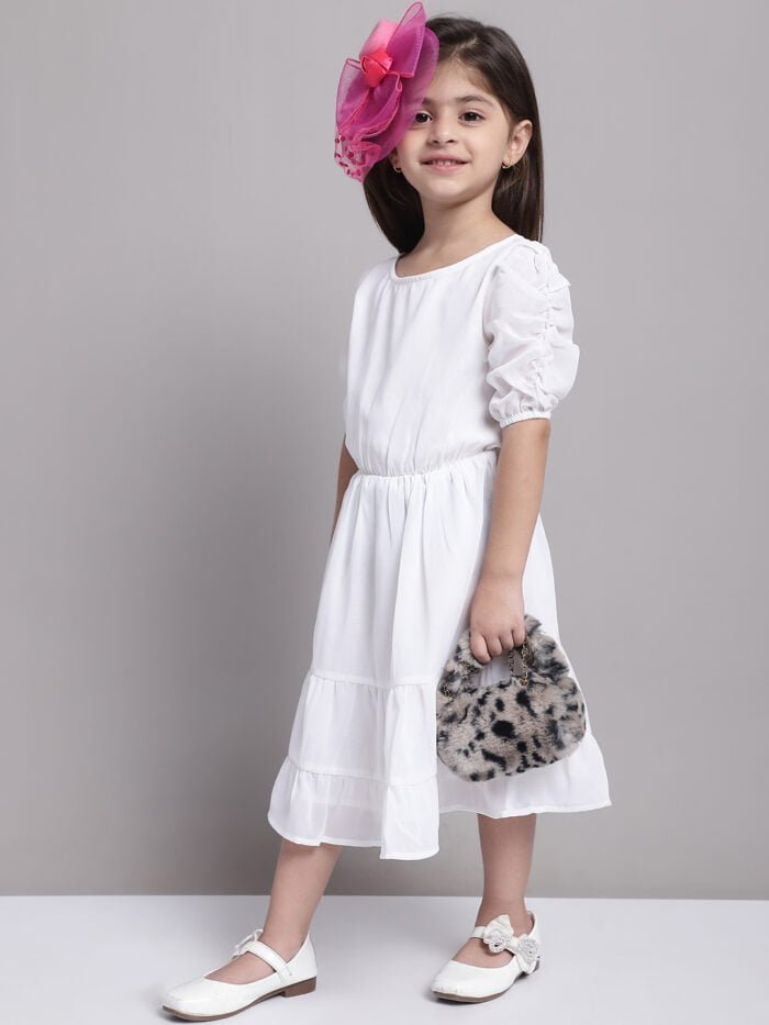 Girls White Solid Color Georgette Puff Sleeves Tiered Dress