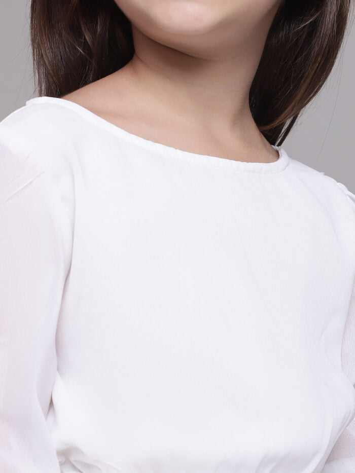 Girls White Solid Color Georgette Puff Sleeves Tiered Dress