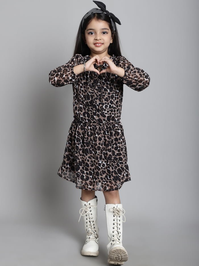 Girls Animal Printed Gathered Kids Dress