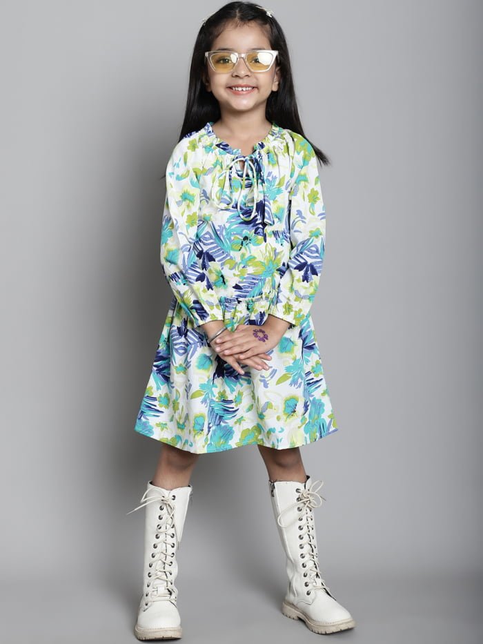 Girls Blue floral Printed Gathered Kids Dress