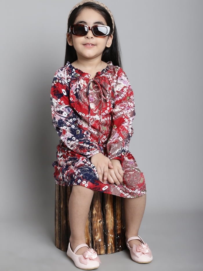 Girls Maroon floral Printed Gathered Kids Dress