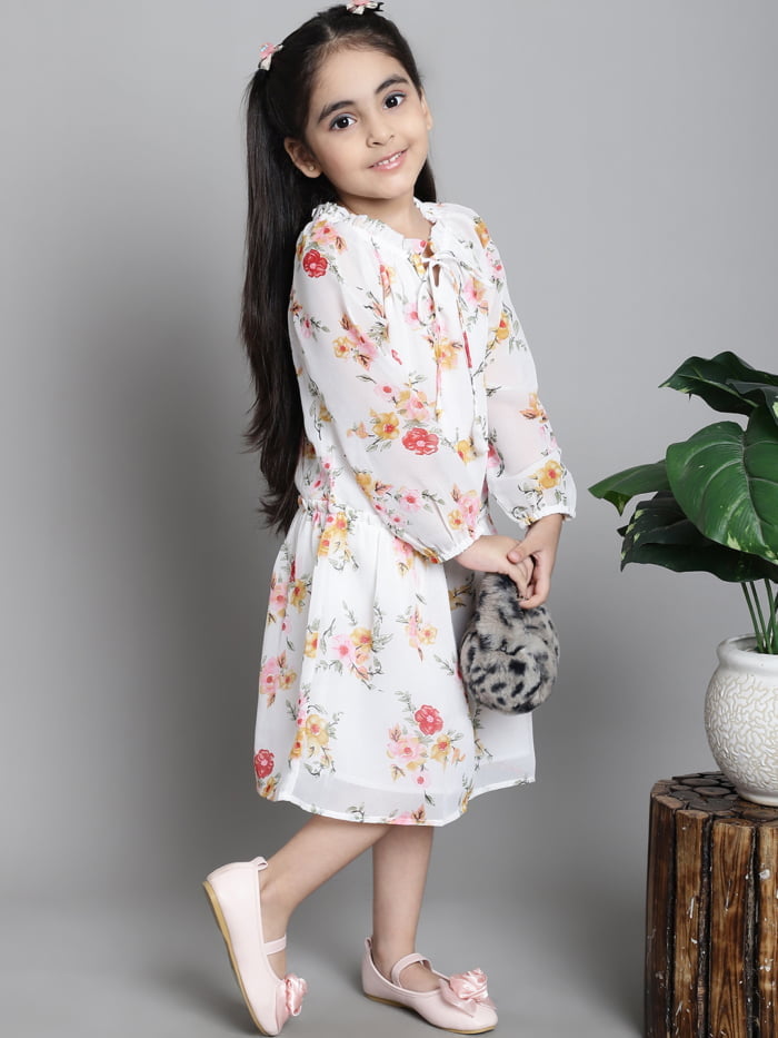 Girls Off White floral Printed Gathered Kids Dress