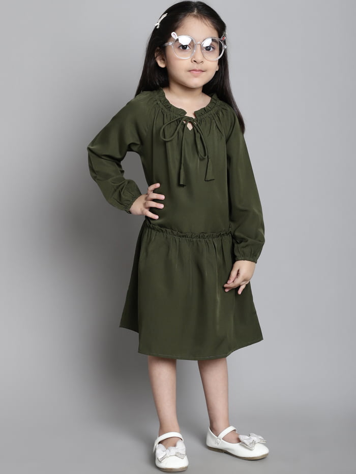 Girls Olive Solid Color Gathered Kids Dress