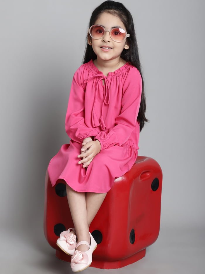 Girls Pink Solid Color Gathered Kids Dress