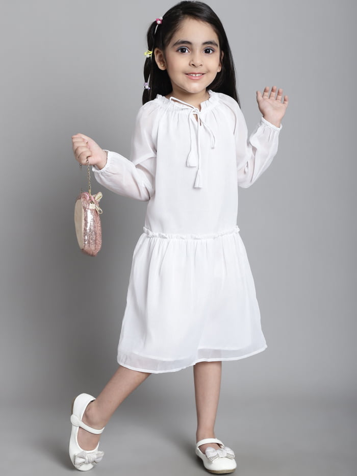 Girls White Solid Color Gathered Kids Dress