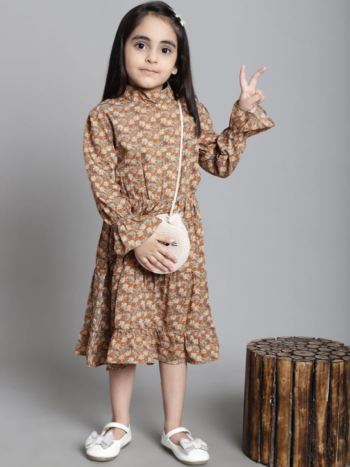 Girls Beige Floral Printed Tiered Kids Dress