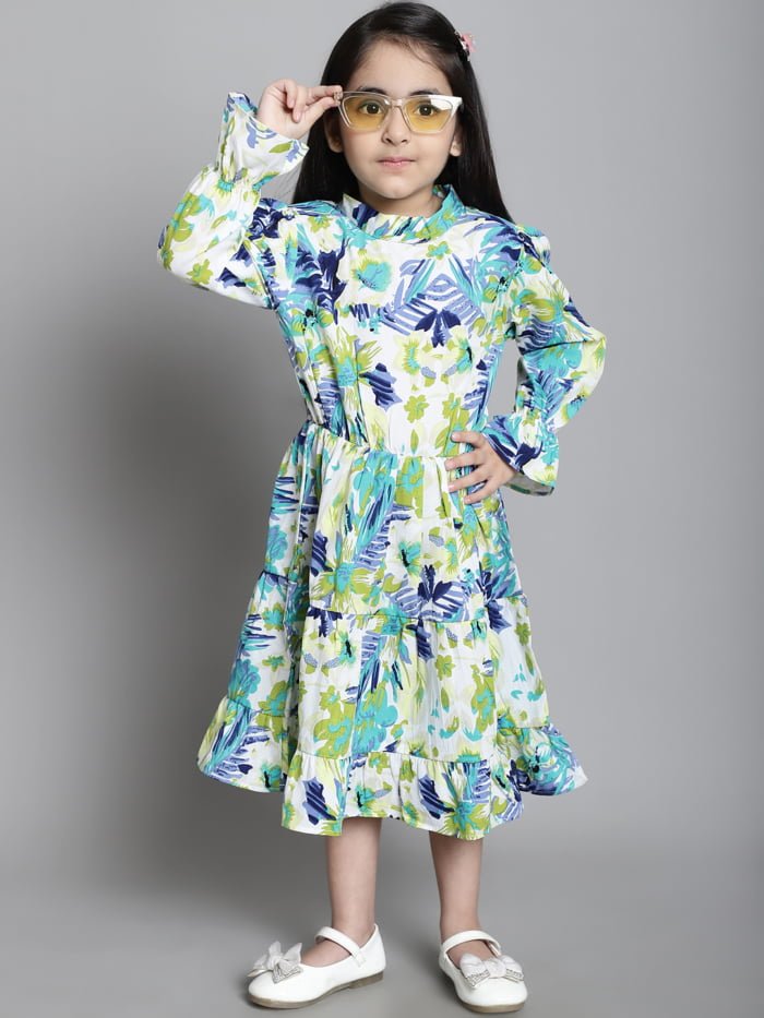 Girls Blue Floral Printed Tiered Kids Dress