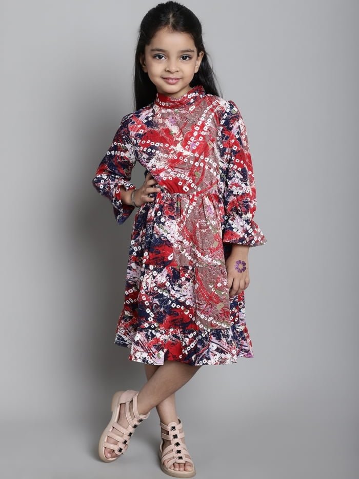 Girls Maroon Floral Printed Tiered Kids Dress