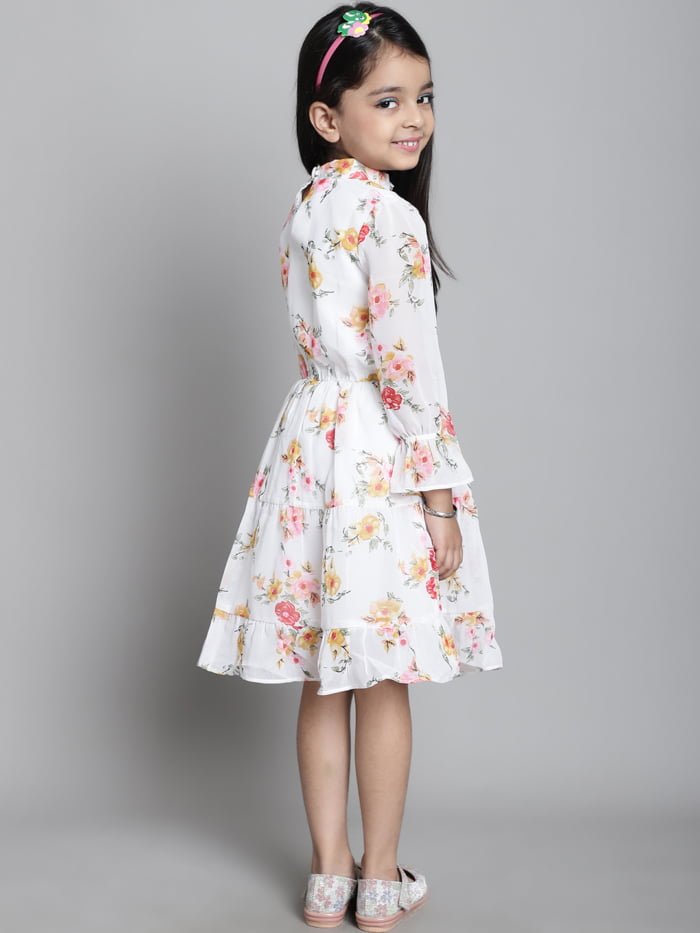 Girls Off White Floral Printed Tiered Kids Dress