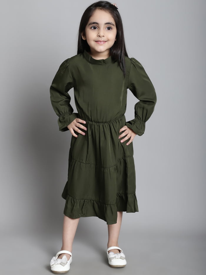 Girls Olive Solid Color Tiered Kids Dress