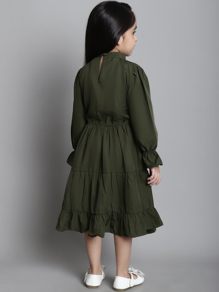 Girls Olive Solid Color Tiered Kids Dress