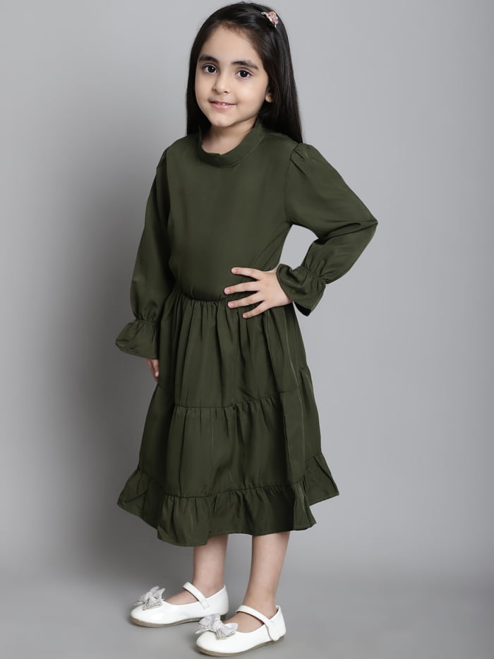 Girls Olive Solid Color Tiered Kids Dress