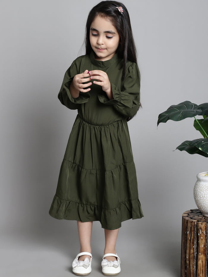 Girls Olive Solid Color Tiered Kids Dress