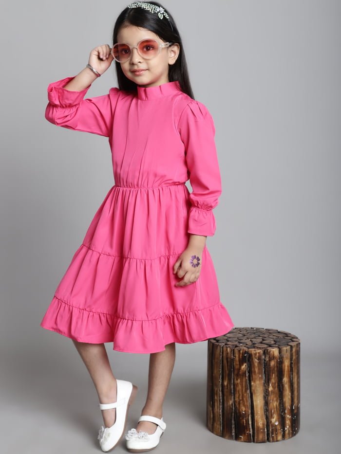 Girls Pink Solid Color Tiered Kids Dress