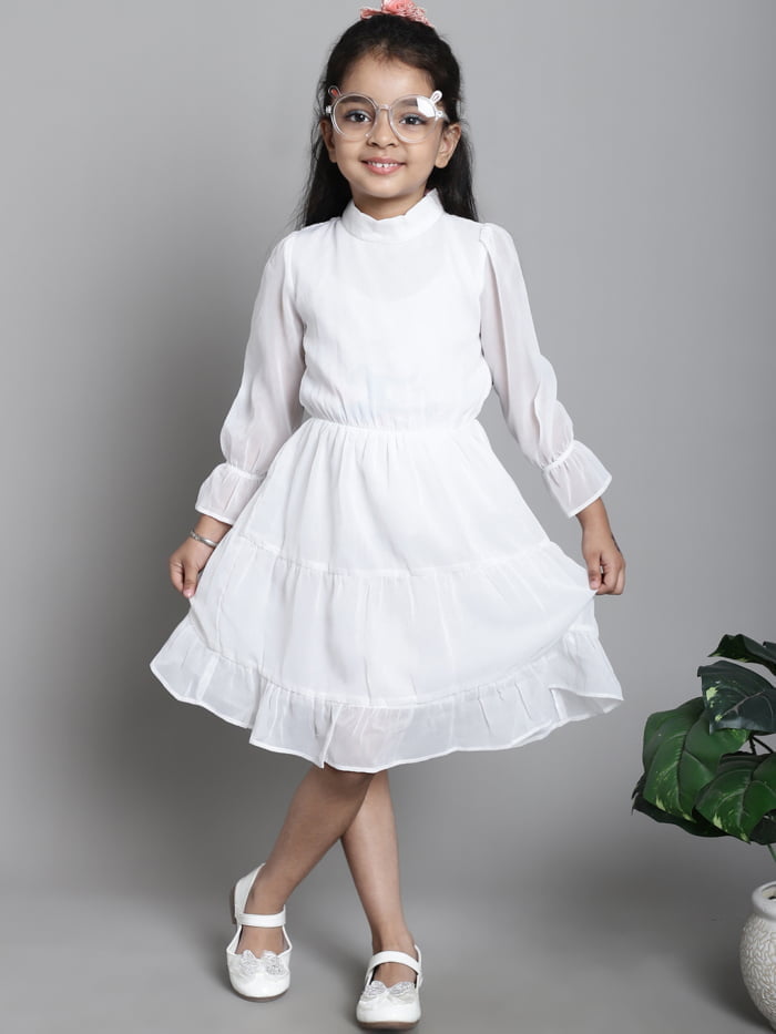 Girls White Solid Color Tiered Kids Dress