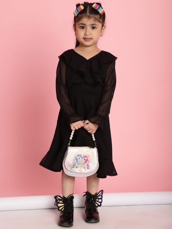 Girls Black Solid Color Kids Wrap Dress