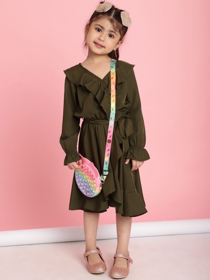 Girls Olive Solid Color Kids Wrap Dress