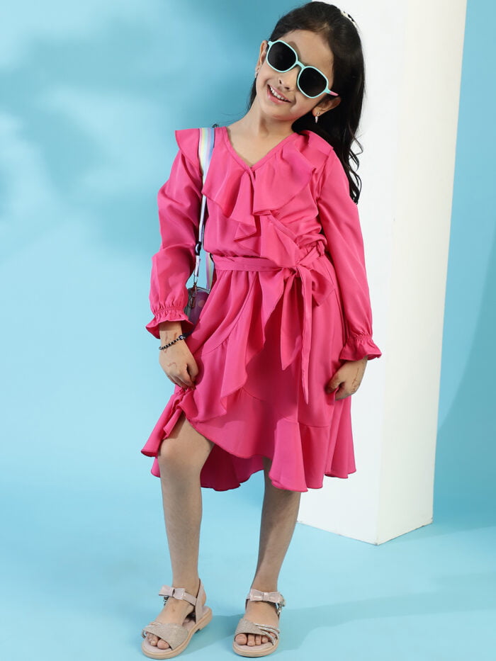 Girls Pink Solid Color Kids Wrap Dress