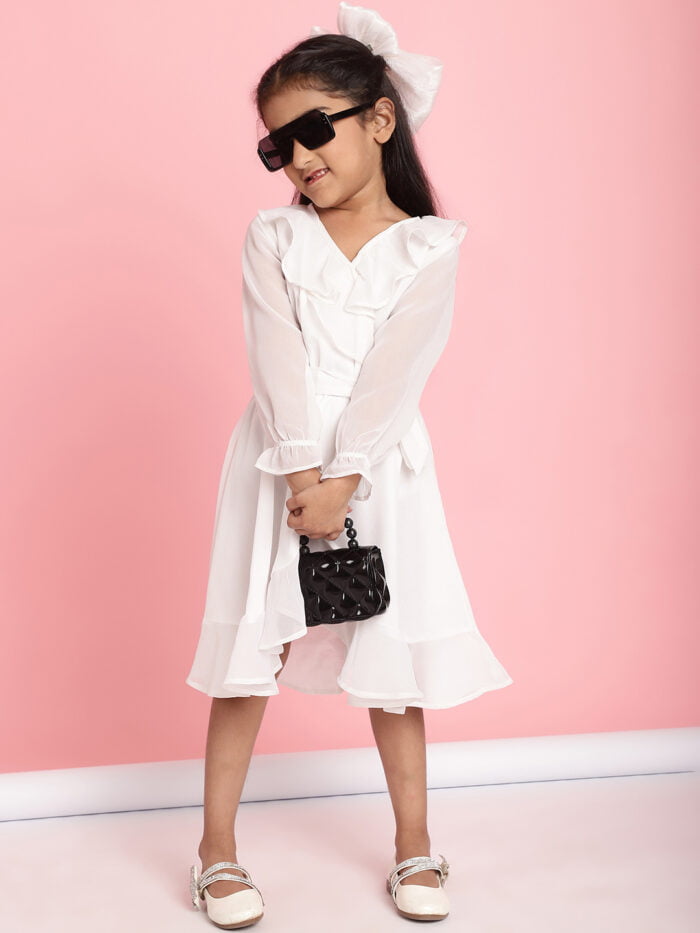 Girls White Solid Color Kids Wrap Dress