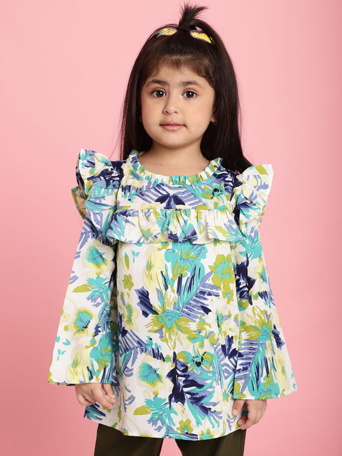 Girls Blue Floral Printed Frill Detail Kids Top