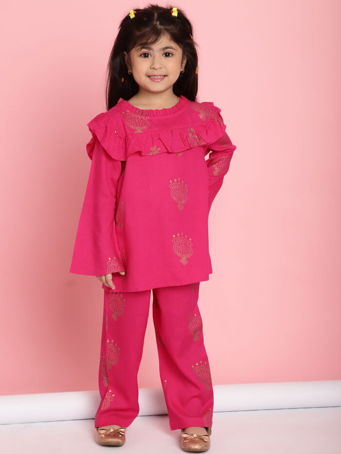 Girls Fuchsia Printed Frill Detail Kids Top