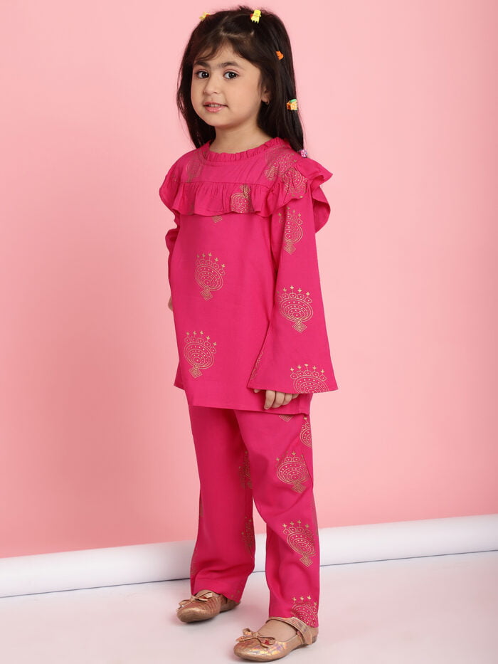 Girls Fuchsia Printed Frill Detail Kids Top