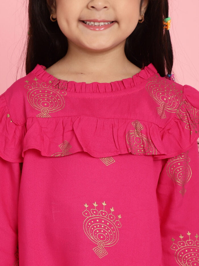 Girls Fuchsia Printed Frill Detail Kids Top