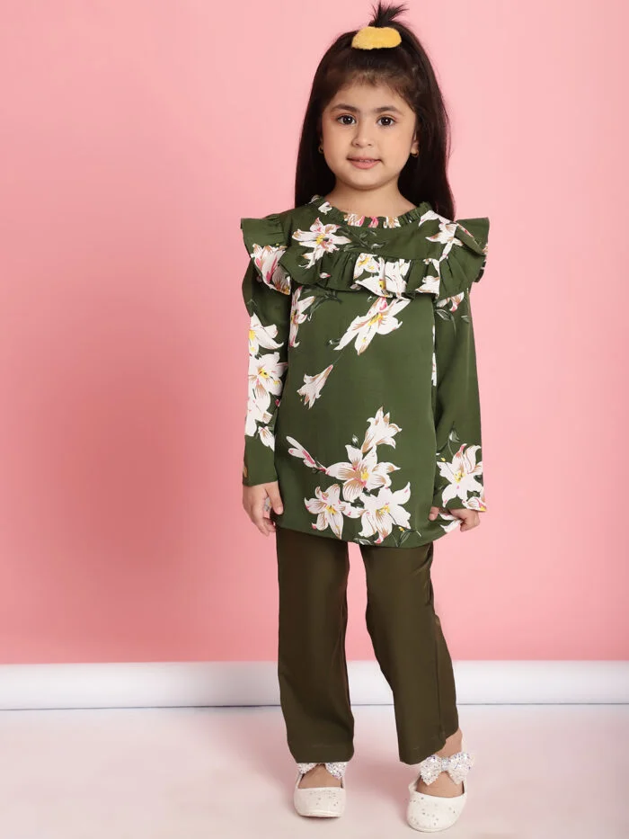 Girls Olive Floral Printed Frill Detail Kids Top