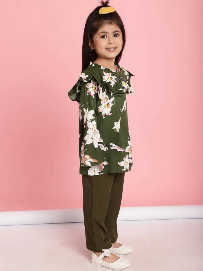 Girls Olive Floral Printed Frill Detail Kids Top