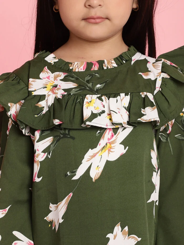 Girls Olive Floral Printed Frill Detail Kids Top