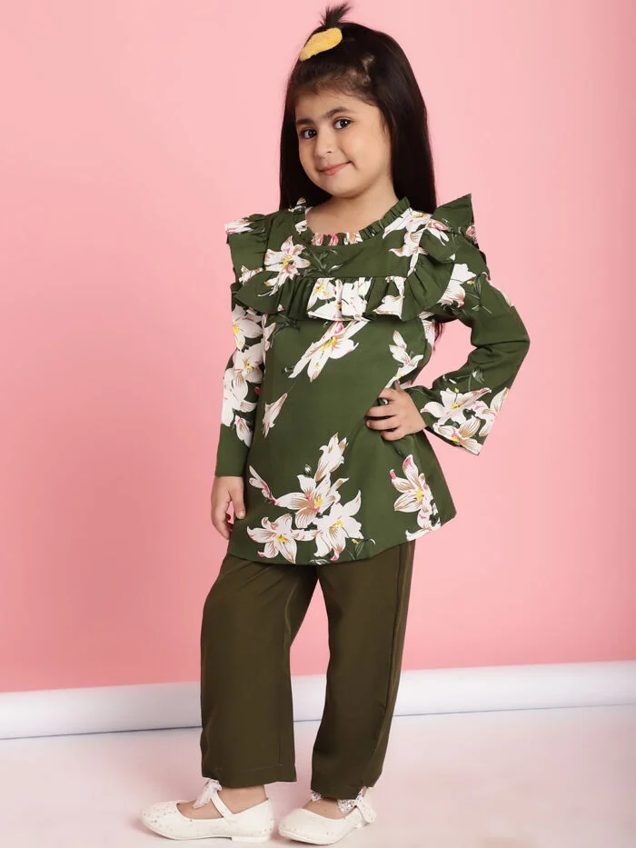 Girls Olive Floral Printed Frill Detail Kids Top
