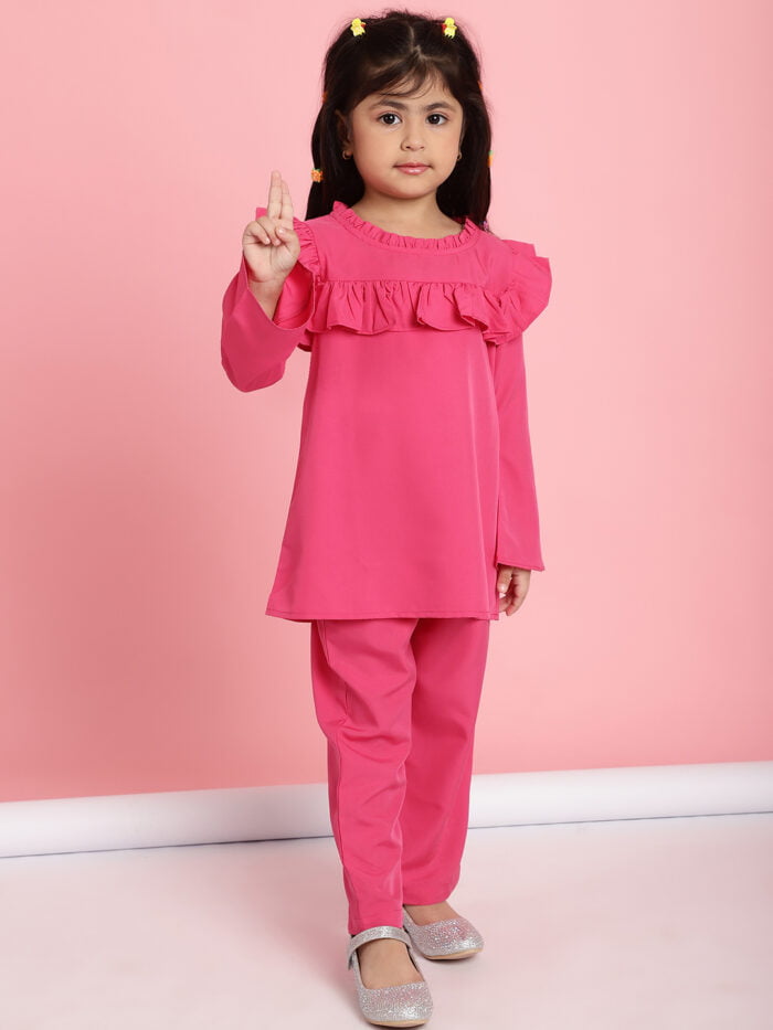 Girls Pink Solid Color Frill Detail Kids Top