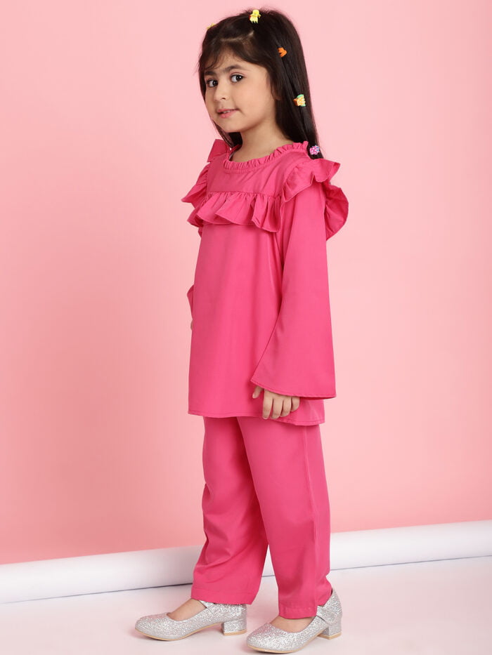 Girls Pink Solid Color Frill Detail Kids Top
