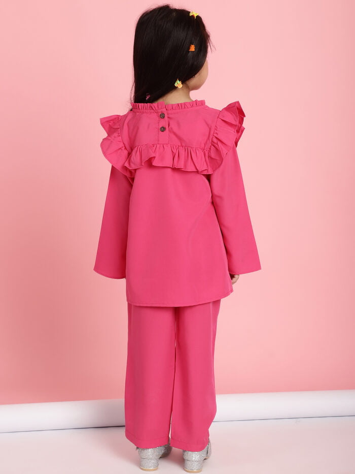 Girls Pink Solid Color Frill Detail Kids Top