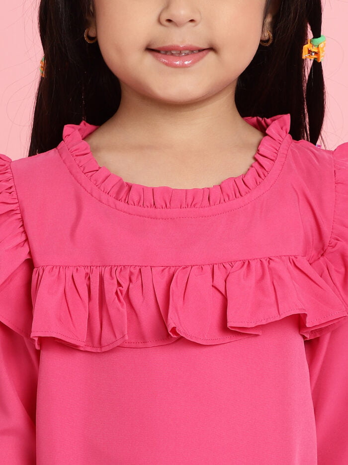 Girls Pink Solid Color Frill Detail Kids Top