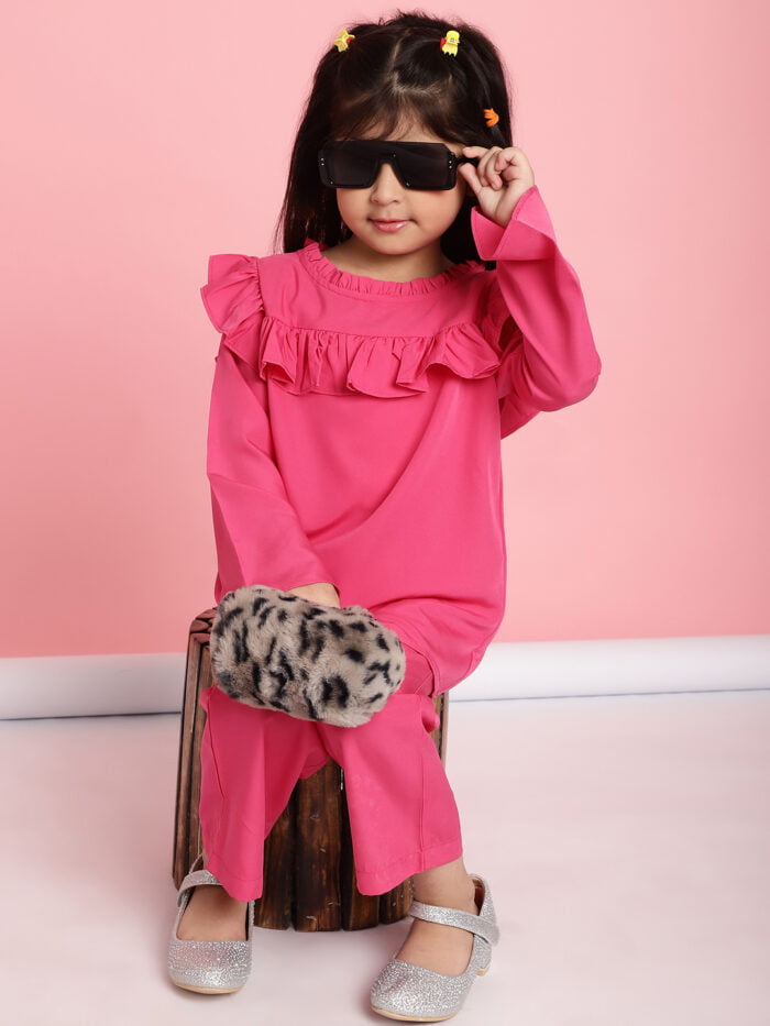 Girls Pink Solid Color Frill Detail Kids Top