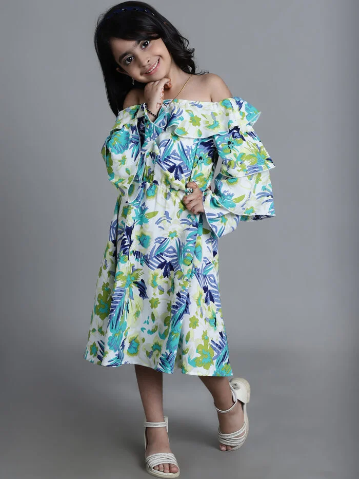 Girls Blue Floral Printed Party Wear Kids Dress